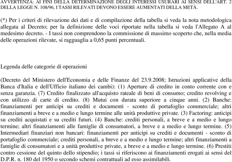 al medesimo decreto. - I tassi non comprendono la commissione di massimo scoperto che, nella media delle operazioni rilevate, si ragguaglia a 0,65 punti percentuali.