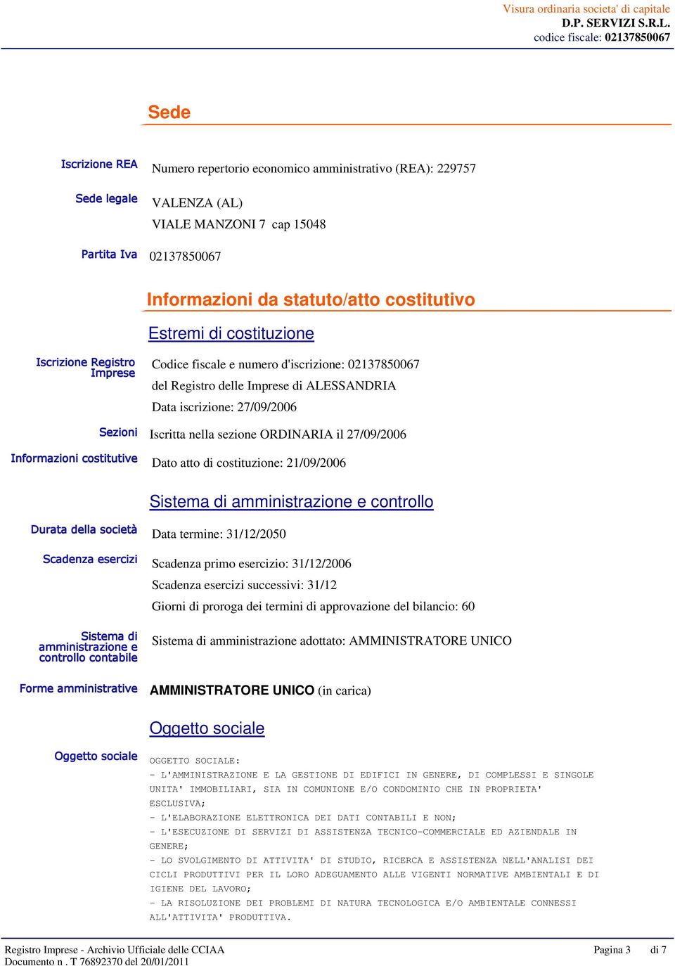 sezione ORDINARIA il 27/09/2006 Informazioni costitutive Dato atto di costituzione: 21/09/2006 Sistema di amministrazione e controllo Durata della società Data termine: 31/12/2050 Scadenza esercizi