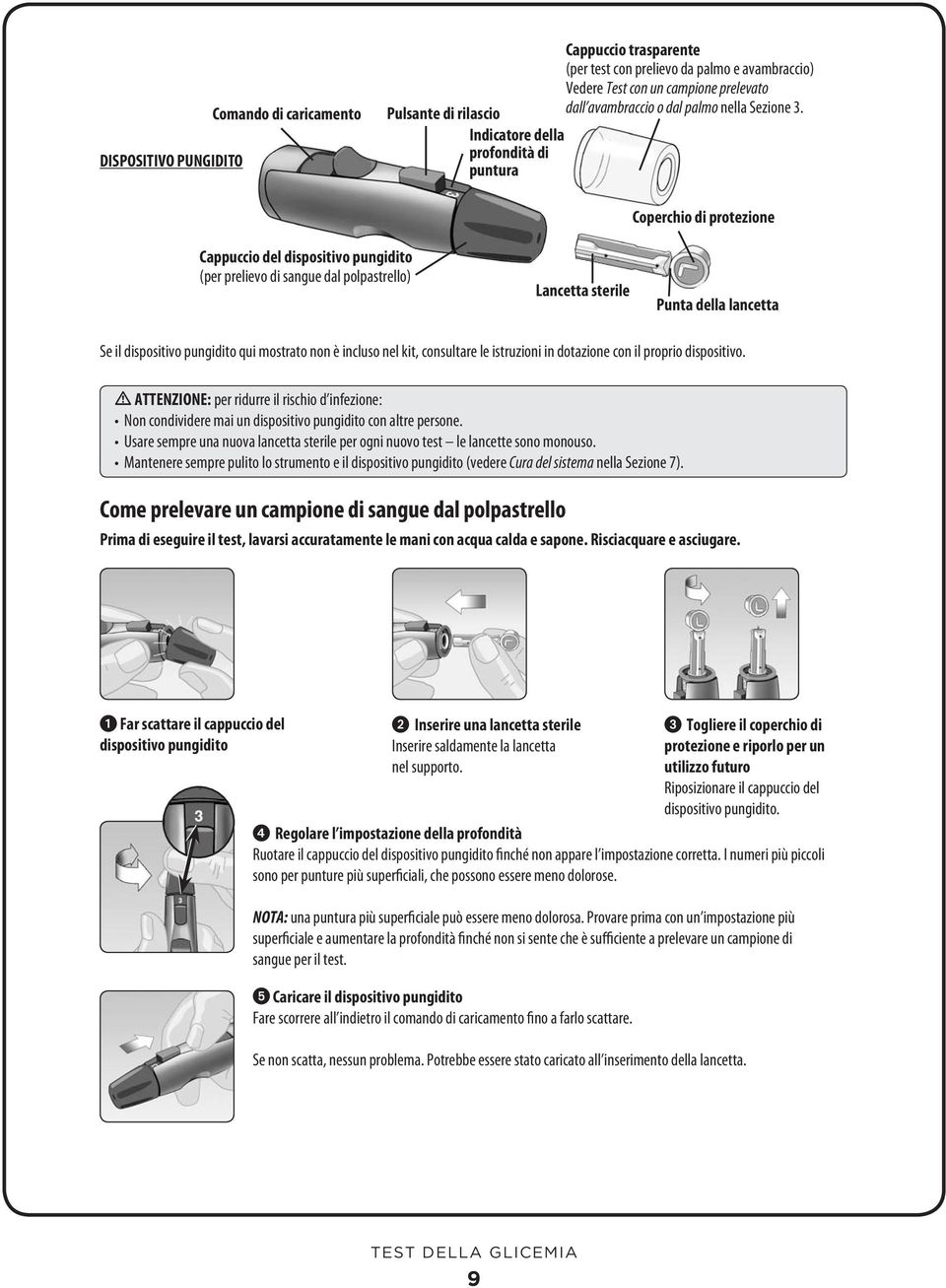 Indicatore della profondità di puntura Cappuccio del dispositivo pungidito (per prelievo di sangue dal polpastrello) Lancetta sterile Coperchio di protezione Punta della lancetta Se il dispositivo