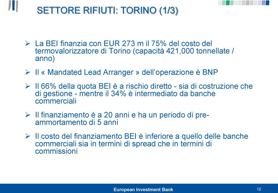 che di gestione - mentre il 34% è intermediato da banche commerciali Il finanziamento è a 20 anni e ha un periodo di preammortamento