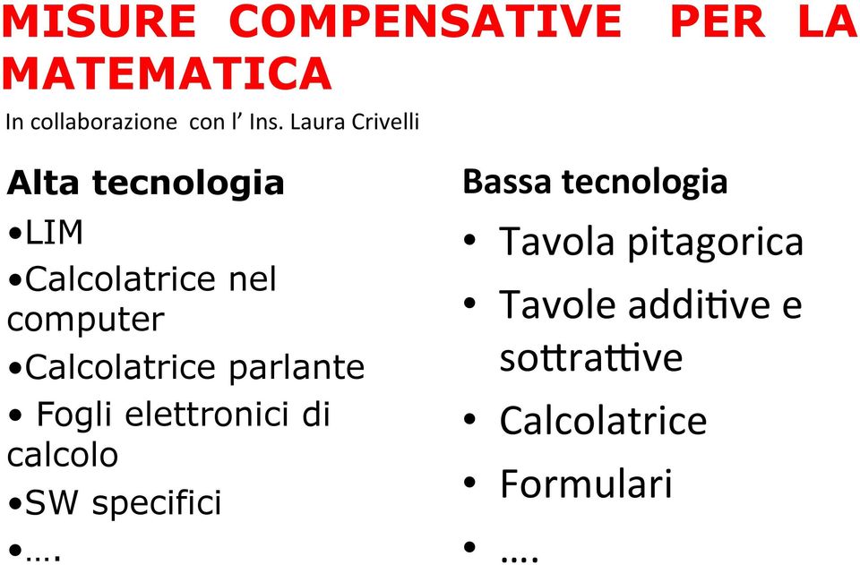 Calcolatrice parlante Fogli elettronici di calcolo SW specifici.