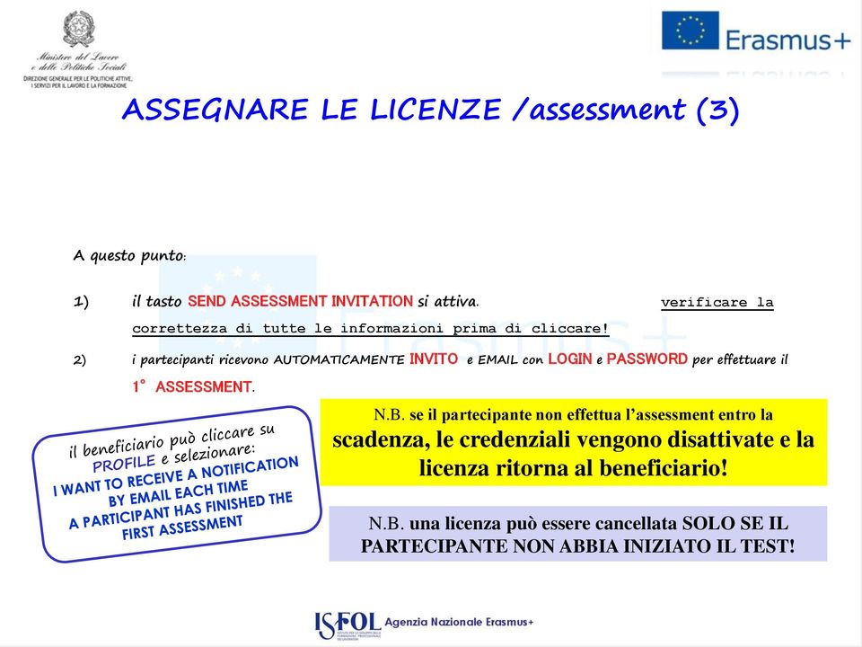 2) i partecipanti ricevono AUTOMATICAMENTE INVITO e EMAIL con LOGIN e PASSWORD per effettuare il 1 ASSESSMENT. N.B.