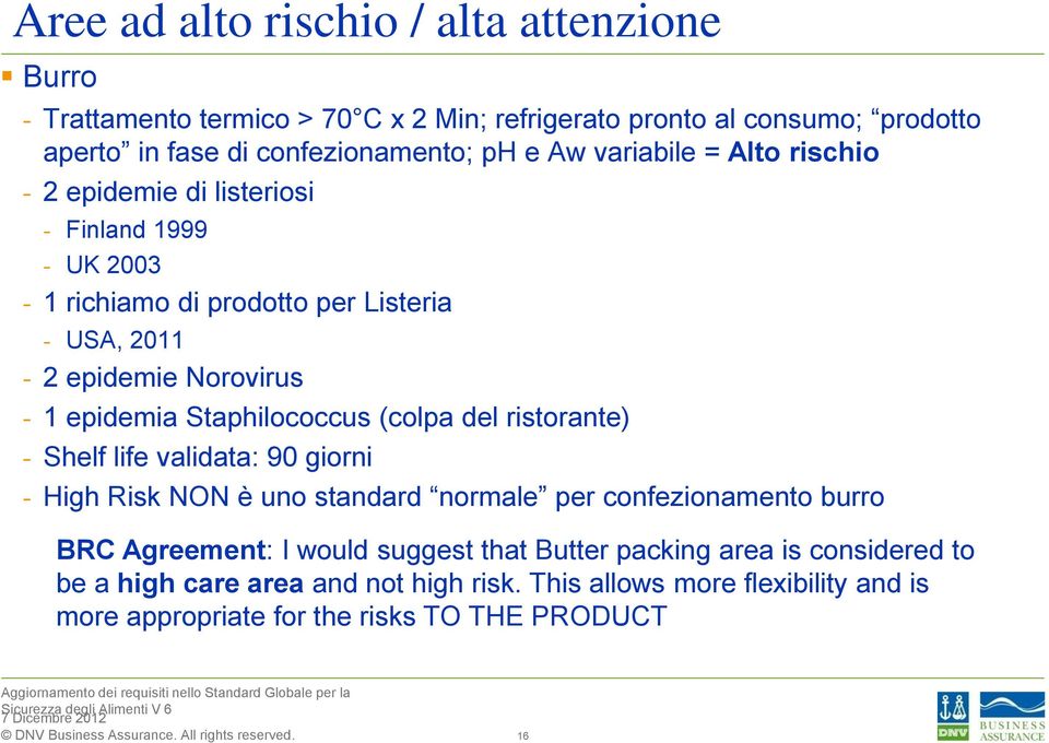 Staphilococcus (colpa del ristorante) - Shelf life validata: 90 giorni - High Risk NON è uno standard normale per confezionamento burro BRC Agreement: I would