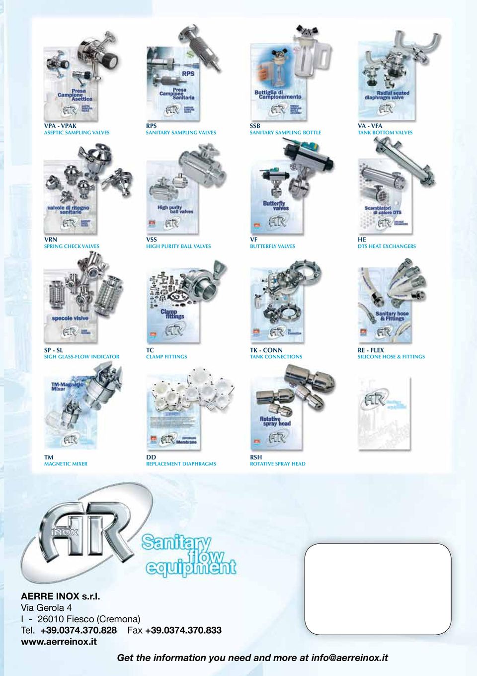 TANK CONNECTIONS RE - FLEX SILICONE HOSE & FITTINGS TM MAGNETIC MIXER DD REPLACEMENT DIAPHRAGMS RSH ROTATIVE SPRAY HEAD AERRE INOX s.r.l.