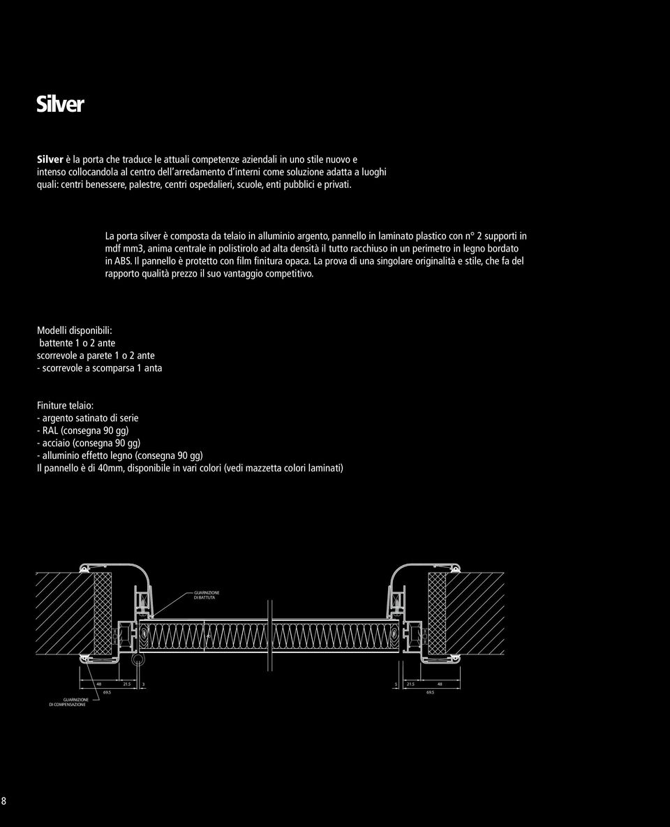 La porta silver è composta da telaio in alluminio argento, pannello in laminato plastico con n 2 supporti in mdf mm3, anima centrale in polistirolo ad alta densità il tutto racchiuso in un perimetro