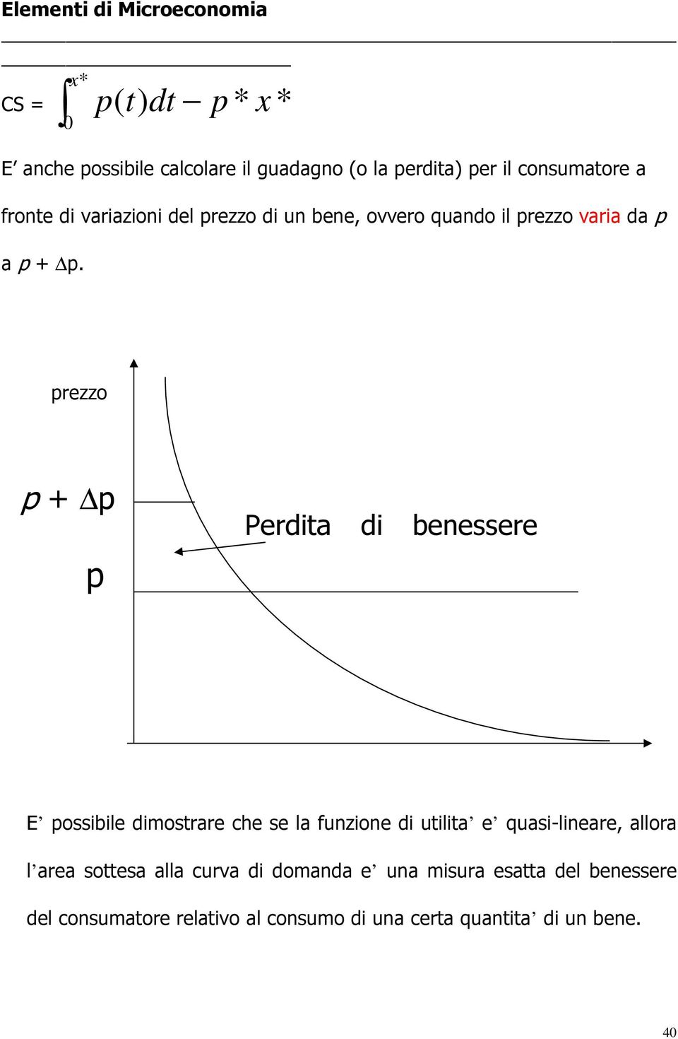 prezzo p + p p Perdita di benessere causata dalla E possibile dimostrare che se la funzione di utilita e