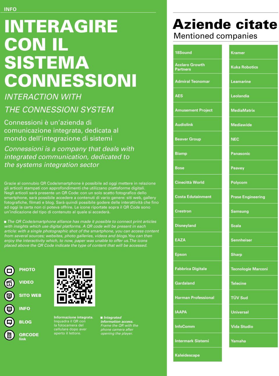 communication, dedicated to the systems integration sector Audiolink Beaver Group Biamp Bose Mediawide NEC Panasonic Peavey Grazie al connubio QR Code/smartphone è possibile ad oggi mettere in