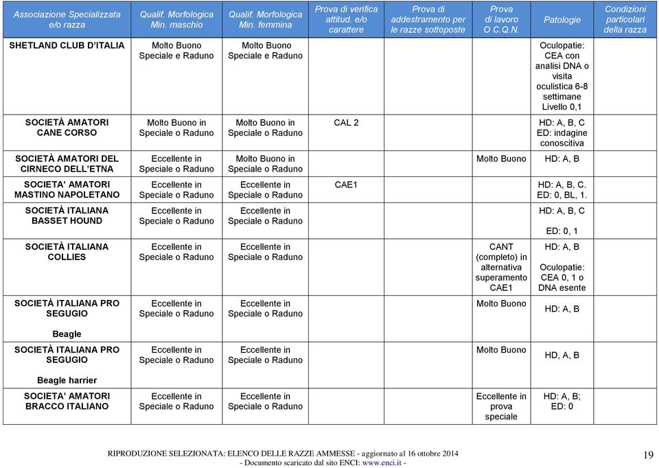 SOCIETÀ ITALIANA BASSET HOUND ED: 0, 1 SOCIETÀ ITALIANA COLLIES CANT (completo) in alternativa superamento CAE1 HD: A, B : CEA 0, 1 o DNA esente