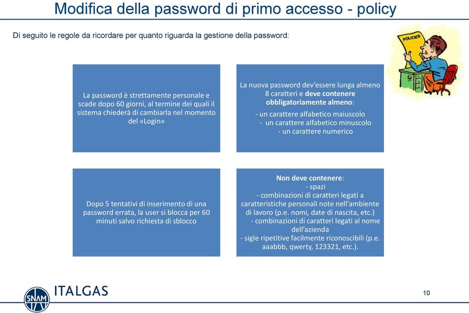 maiuscolo - un carattere alfabetico minuscolo - un carattere numerico Dopo 5 tentativi di inserimento di una password errata, la user si blocca per 60 minuti salvo richiesta di sblocco Non deve