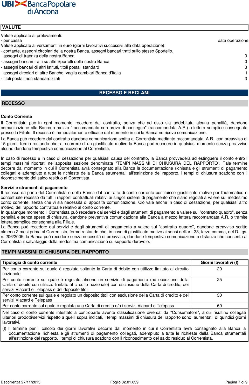 Istituti, titoli postali standard 3 - assegni circolari di altre Banche, vaglia cambiari Banca d'italia 1 - titoli postali non standardizzati 3 RECESSO RECESSO E RECLAMI Conto Corrente Il Correntista