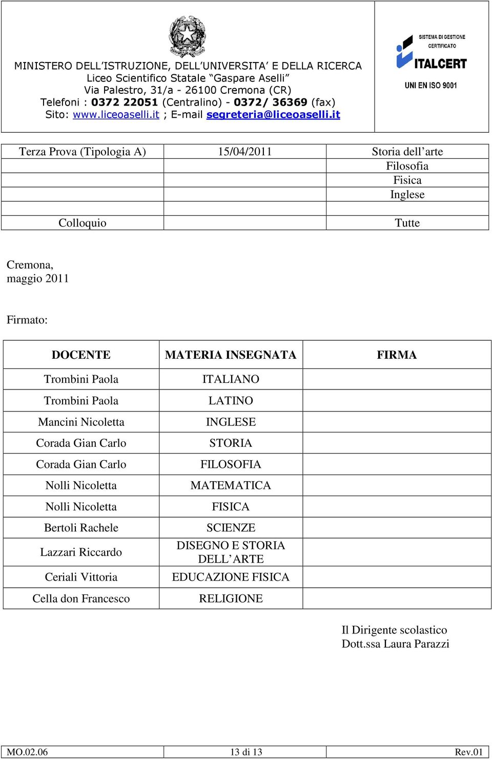 Nicoletta Nolli Nicoletta Bertoli Rachele Lazzari Riccardo Ceriali Vittoria Cella don Francesco ITALIANO LATINO INGLESE STORIA