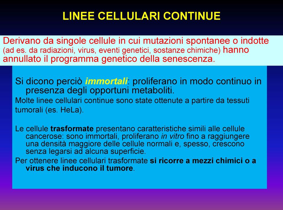 Si dicono perciò immortali: proliferano in modo continuo in presenza degli opportuni metaboliti. Molte linee cellulari continue sono state ottenute a partire da tessuti tumorali (es.