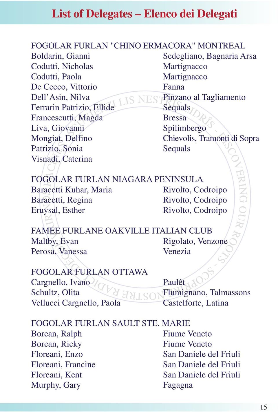 Sequals Visnadi, Caterina FOGOLAR FURLAN NIAGARA PENINSULA Baracetti Kuhar, Maria Rivolto, Codroipo Baracetti, Regina Rivolto, Codroipo Eruysal, Esther Rivolto, Codroipo FAMEE FURLANE OAKVILLE