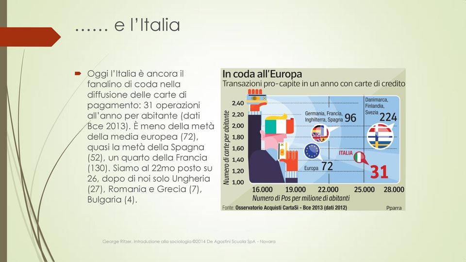 È meno della metà della media europea (72), quasi la metà della Spagna (52), un quarto della Francia (130).