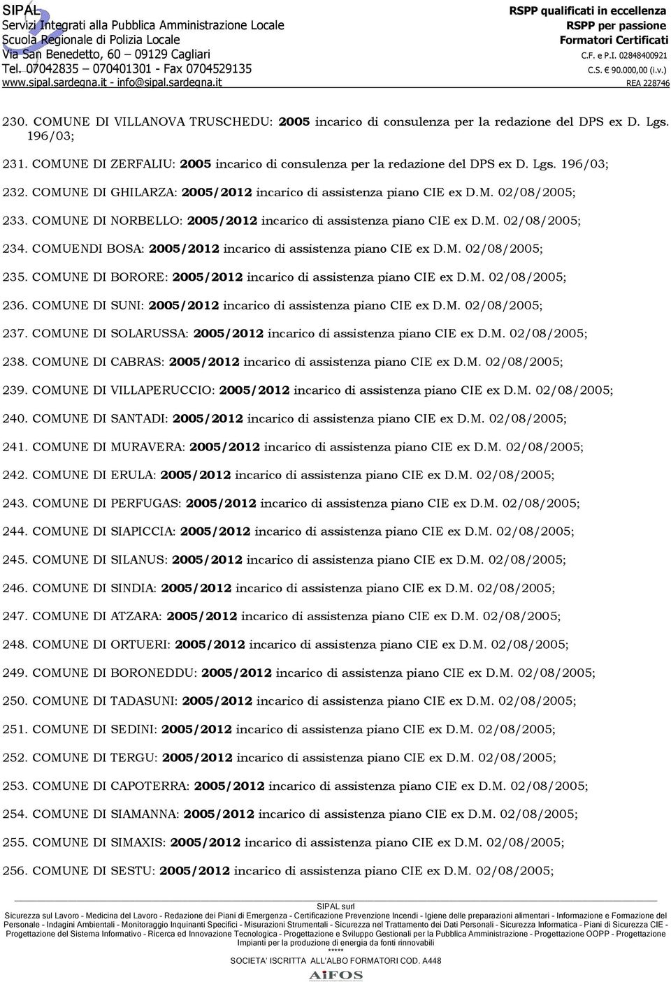 COMUENDI BOSA: 2005/2012 incarico di assistenza piano CIE ex D.M. 02/08/2005; 235. COMUNE DI BORORE: 2005/2012 incarico di assistenza piano CIE ex D.M. 02/08/2005; 236.