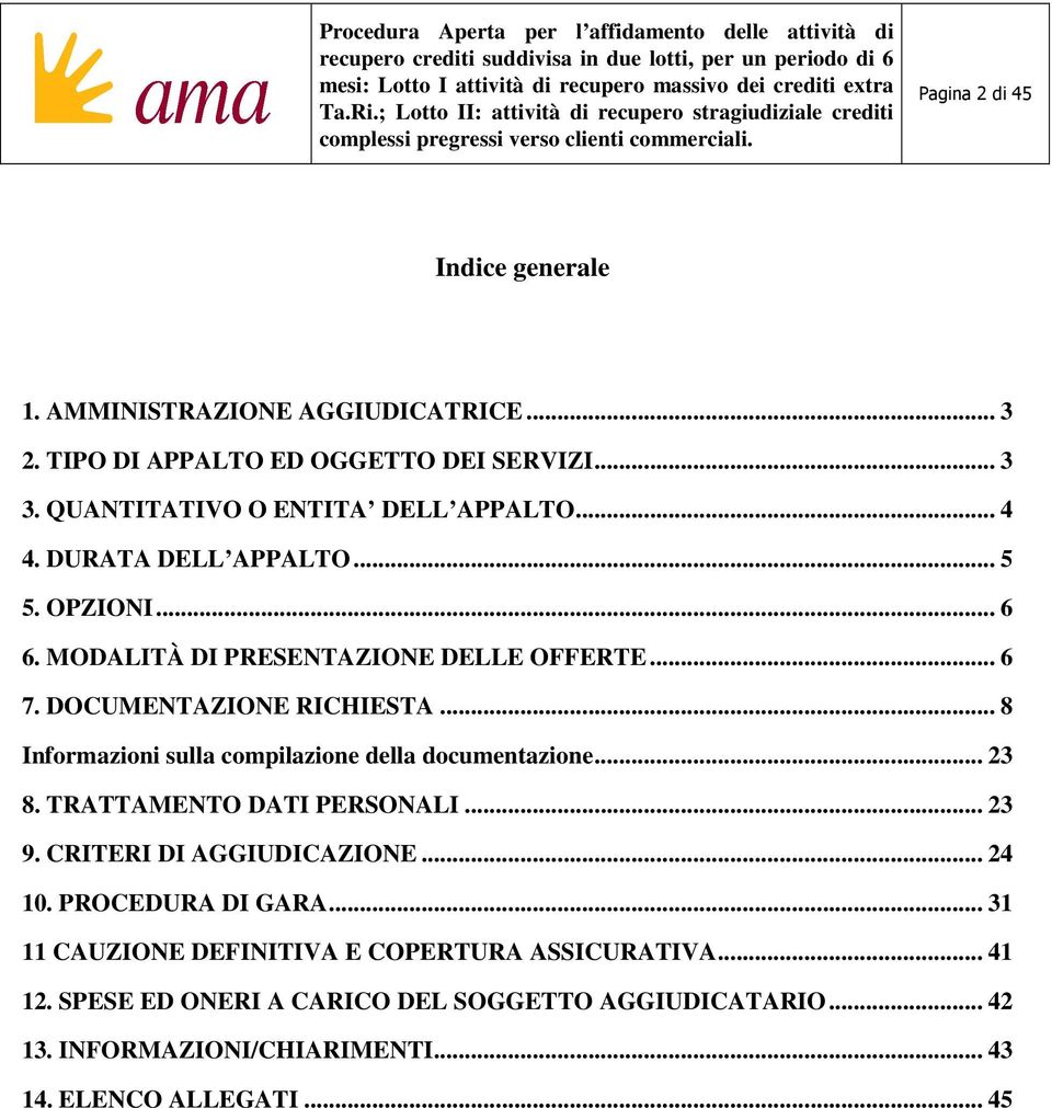 .. 8 Informazioni sulla compilazione della documentazione... 23 8. TRATTAMENTO DATI PERSONALI... 23 9. CRITERI DI AGGIUDICAZIONE... 24 10.