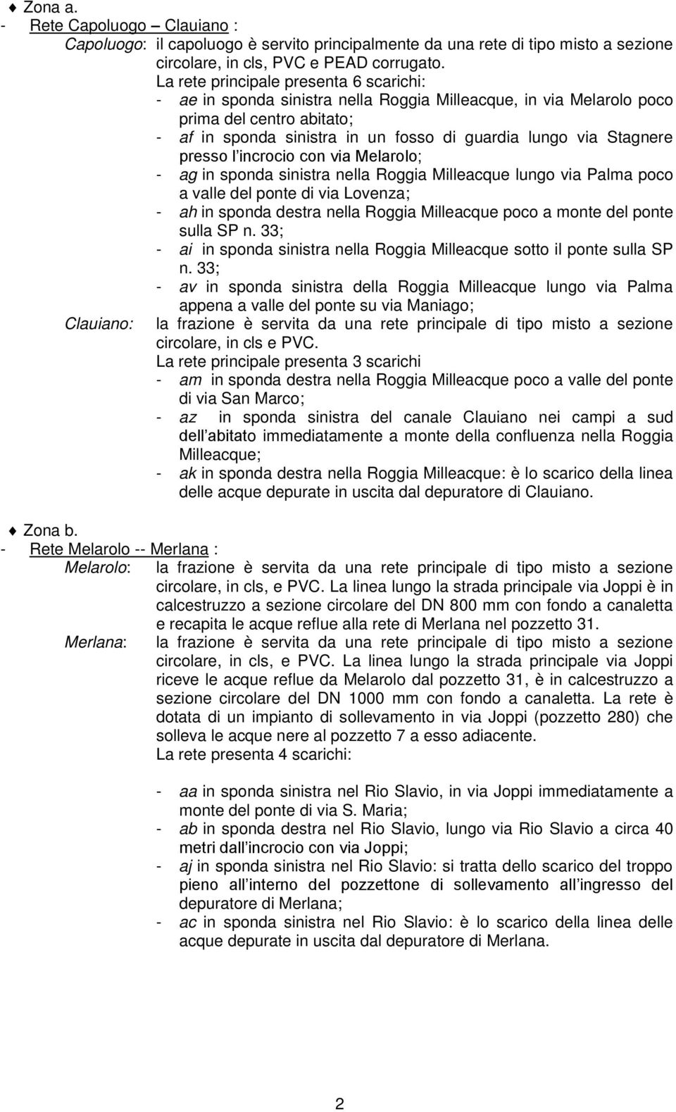 Stagnere presso l incrocio con via Melarolo; - ag in sponda sinistra nella Roggia Milleacque lungo via Palma poco a valle del ponte di via Lovenza; - ah in sponda destra nella Roggia Milleacque poco