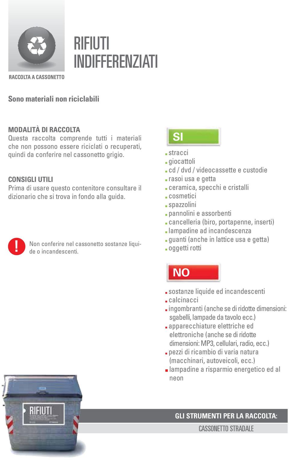 Non conferire nel cassonetto sostanze liquide o incandescenti.