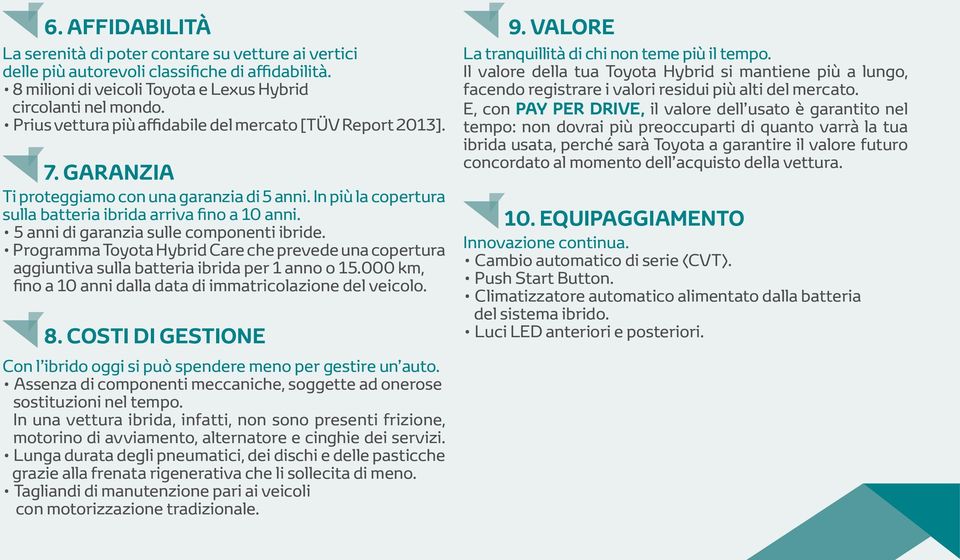 5 anni di garanzia sulle componenti ibride. Programma Toyota Hybrid Care che prevede una copertura aggiuntiva sulla batteria ibrida per 1 anno o 15.