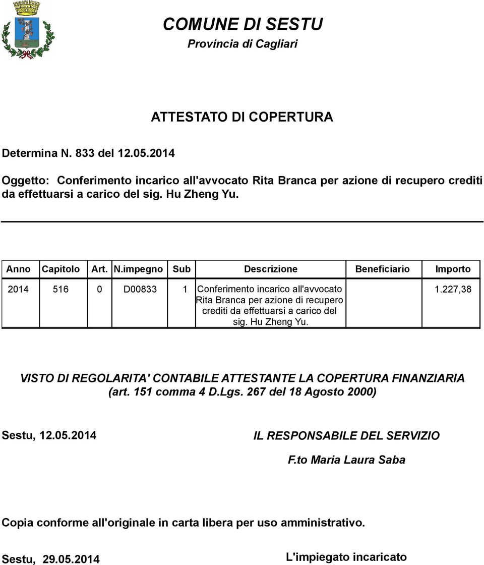 impegno Sub Descrizione Beneficiario Importo 2014 516 0 D00833 1 Conferimento incarico all'avvocato Rita Branca per azione di recupero crediti da effettuarsi a carico del sig.