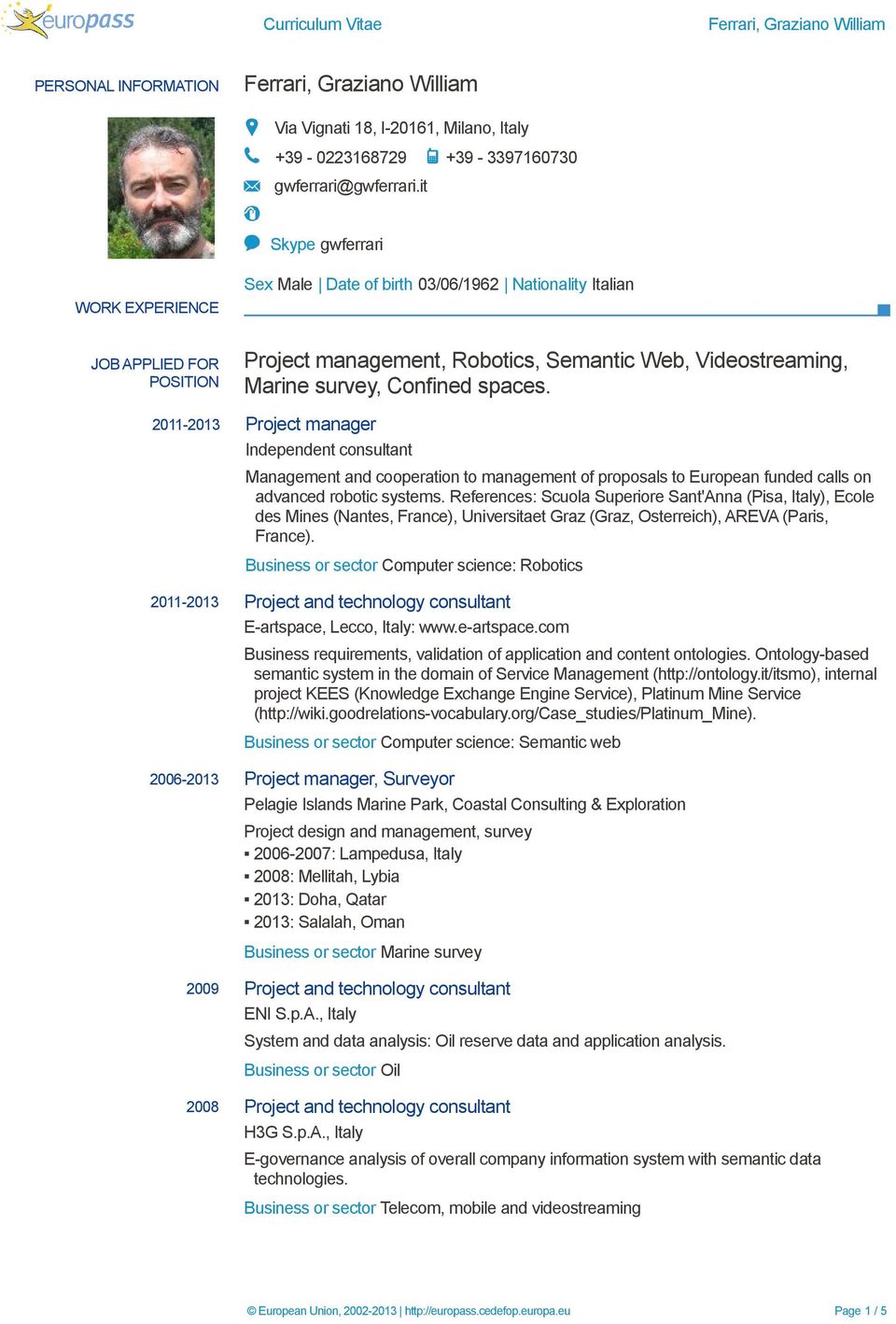 spaces. 2011-2013 Project manager Independent consultant Management and cooperation to management of proposals to European funded calls on advanced robotic systems.