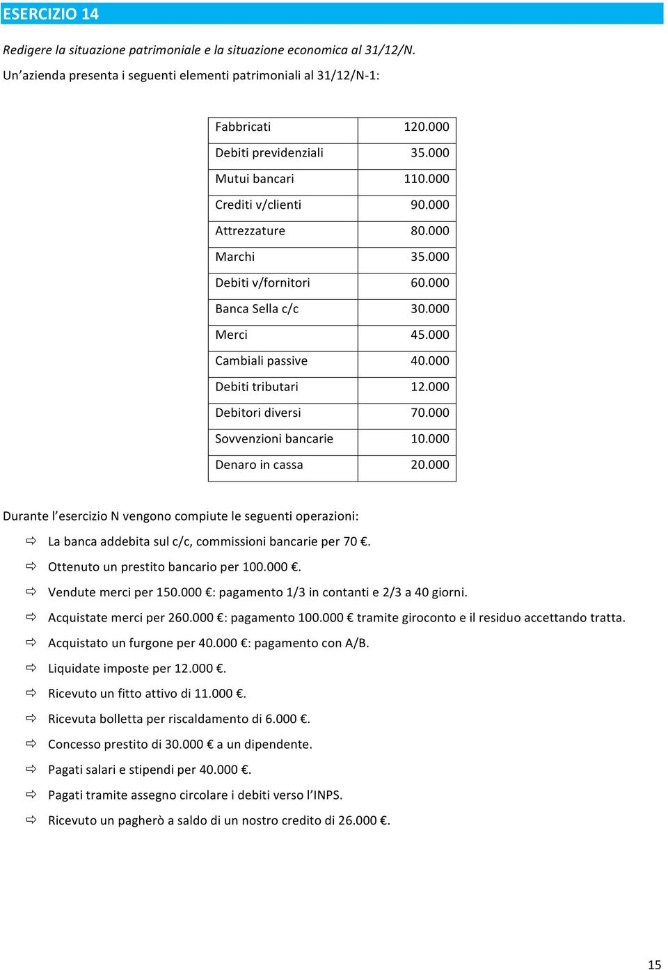 000 : pagamento 1/3 in contanti e 2/3 a 40 giorni.! Acquistate merci per 260.000 : pagamento tramite giroconto e il residuo accettando tratta.! Acquistato un furgone per 40.000 : pagamento con A/B.