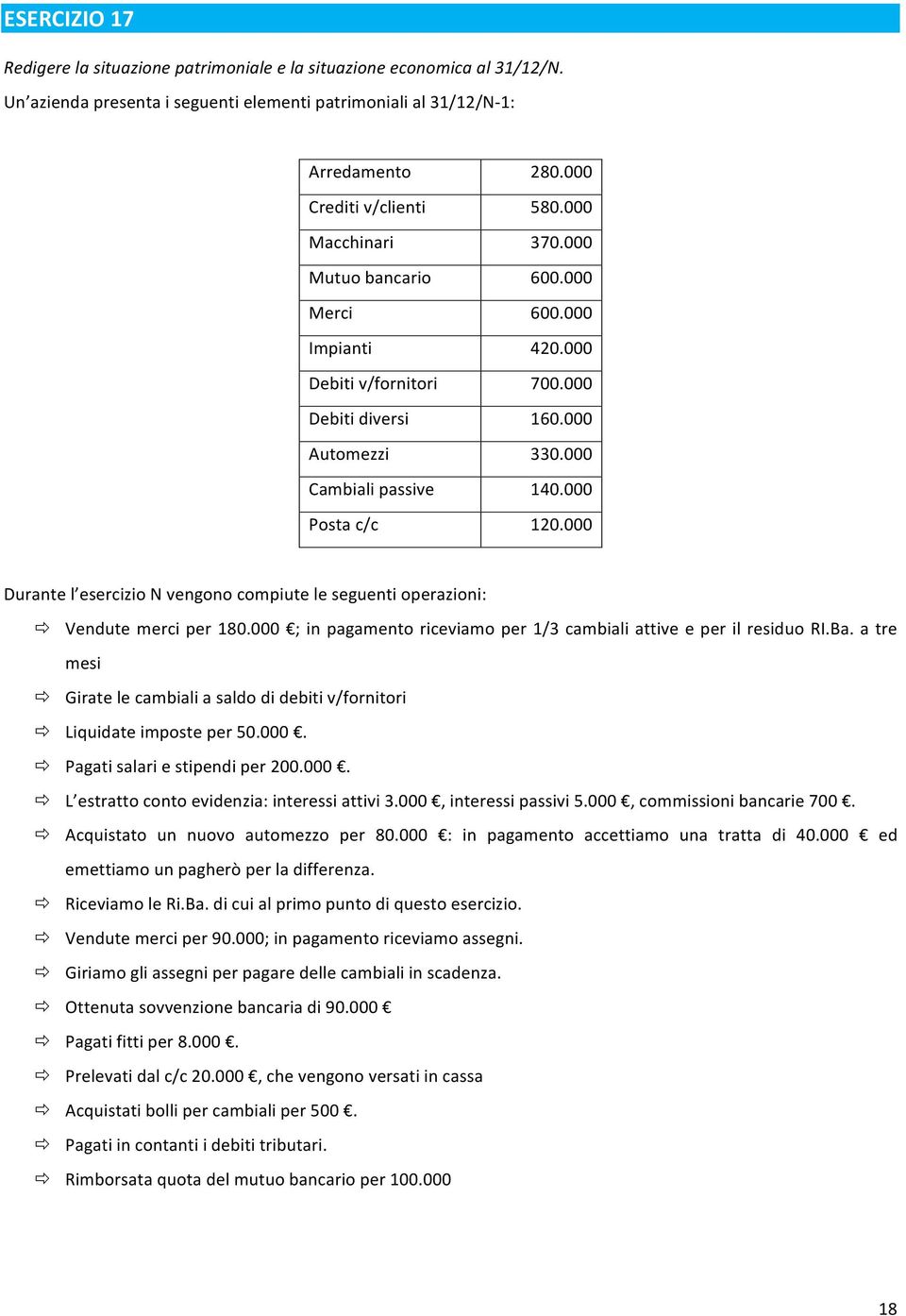 ! L estratto conto evidenzia: interessi attivi 3.000, interessi passivi 5.000, commissioni bancarie 700.! Acquistato un nuovo automezzo per 80.000 : in pagamento accettiamo una tratta di 40.