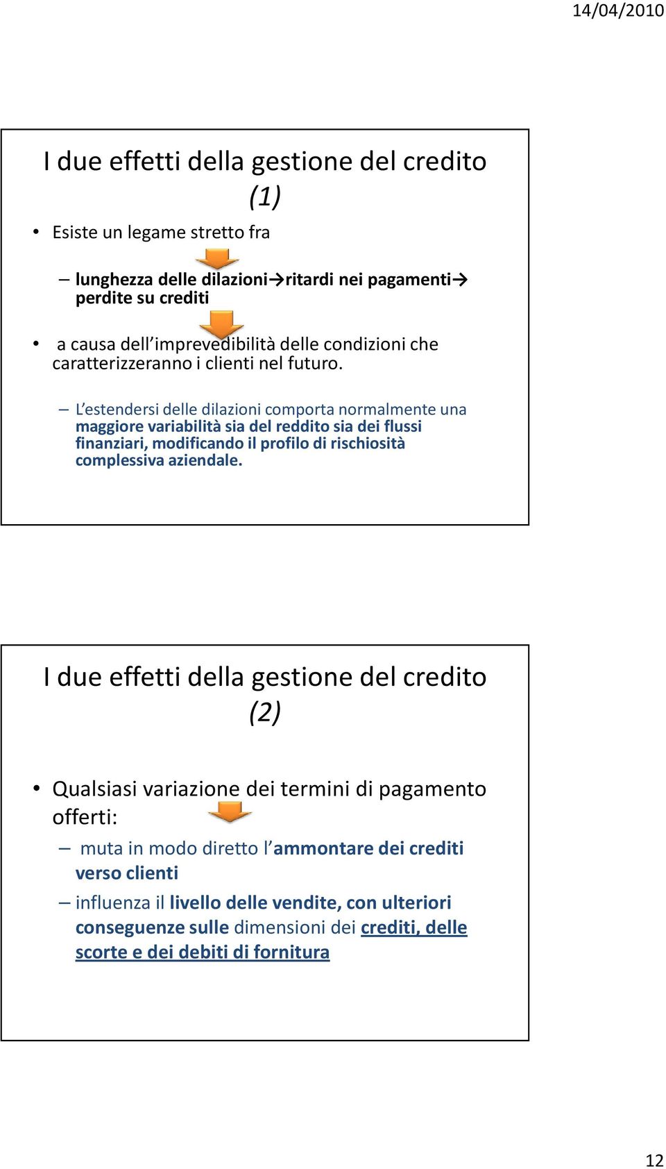 L estendersi delle dilazioni comporta normalmente una maggiore variabilità sia del reddito sia dei flussi finanziari, modificando il profilo di rischiosità complessiva