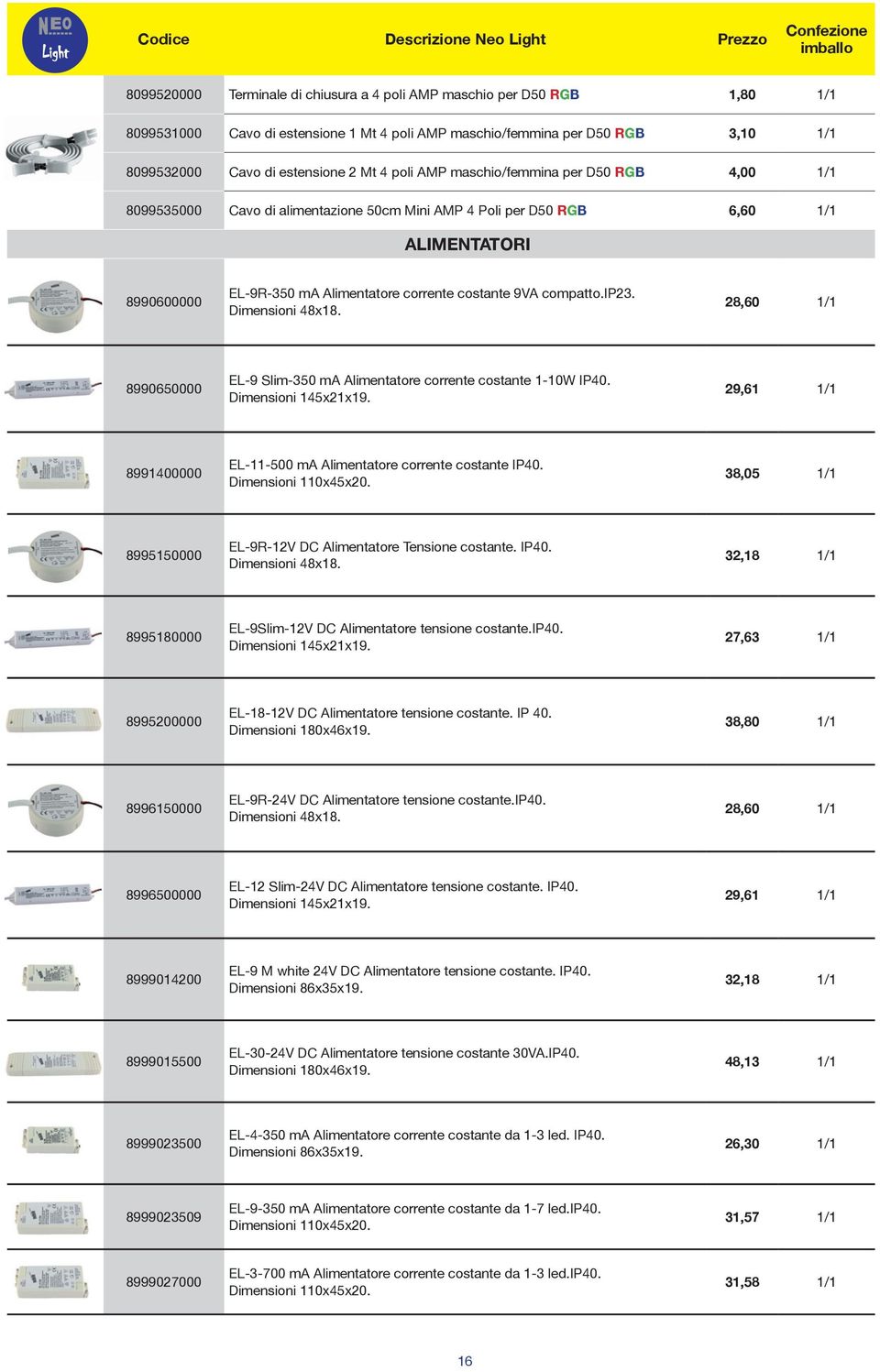 ip23. Dimensioni 48x18. 28,60 1/1 8990650000 EL-9 Slim-350 ma Alimentatore corrente costante 1-10W IP40. Dimensioni 145x21x19. 29,61 1/1 8991400000 EL-11-500 ma Alimentatore corrente costante IP40.