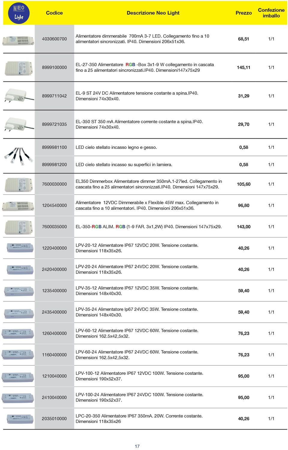 Dimensioni147x75x29 145,11 1/1 8999711042 EL-9 ST 24V DC Alimentatore tensione costante a spina.ip40. Dimensioni 74x30x40. 31,29 1/1 8999721035 EL-350 ST 350 ma Alimentatore corrente costante a spina.