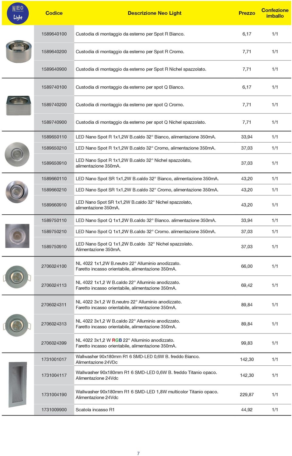 6,17 1/1 1589740200 Custodia di montaggio da esterno per spot Q Cromo. 7,71 1/1 1589740900 Custodia di montaggio da esterno per spot Q Nichel spazzolato. 7,71 1/1 1589650110 LED Nano Spot R 1x1,2W B.