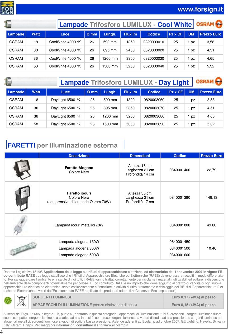 1200 mm 3350 0820003030 25 1 pz 4,65 OSRAM 58 CoolWhite 4000 K 26 1500 mm 5200 0820003040 25 1 pz 5,32 Lampade Trifosforo LUMILUX - Day Light Lampade Watt Luce Ø mm Lungh.