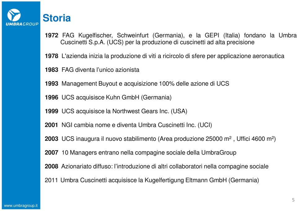 (UCS) per la produzione di cuscinetti ad alta precisione 1978 L'azienda inizia la produzione di viti a ricircolo di sfere per applicazione aeronautica 1983 FAG diventa l unico azionista 1993