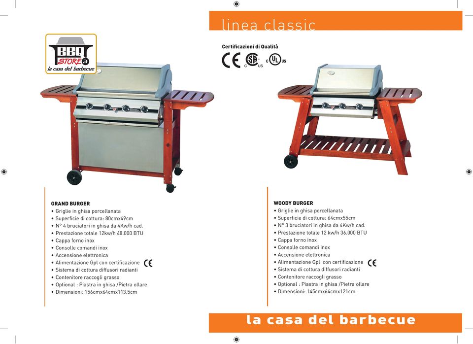 ghisa /Pietra ollare Dimensioni: 156cmx64cmx113,5cm WOODY BURGER Griglie in ghisa porcellanata Superficie di cottura: 64cmx55cm N 3 bruciatori in ghisa da 4Kw/h cad. Prestazione totale 12 kw/h 36.