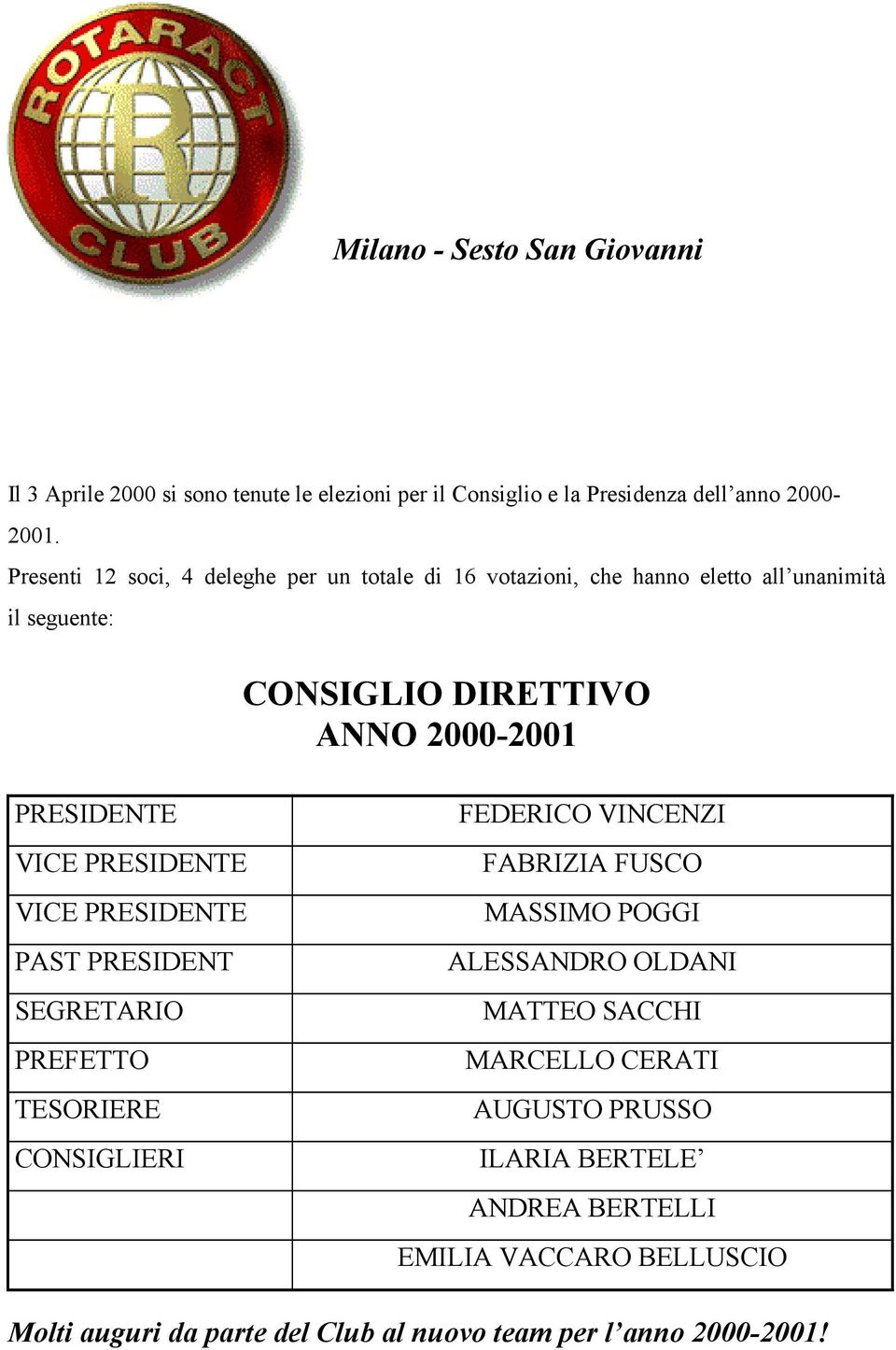 VICE PRESIDENTE VICE PRESIDENTE PAST PRESIDENT SEGRETARIO PREFETTO TESORIERE CONSIGLIERI FEDERICO VINCENZI FABRIZIA FUSCO MASSIMO POGGI ALESSANDRO