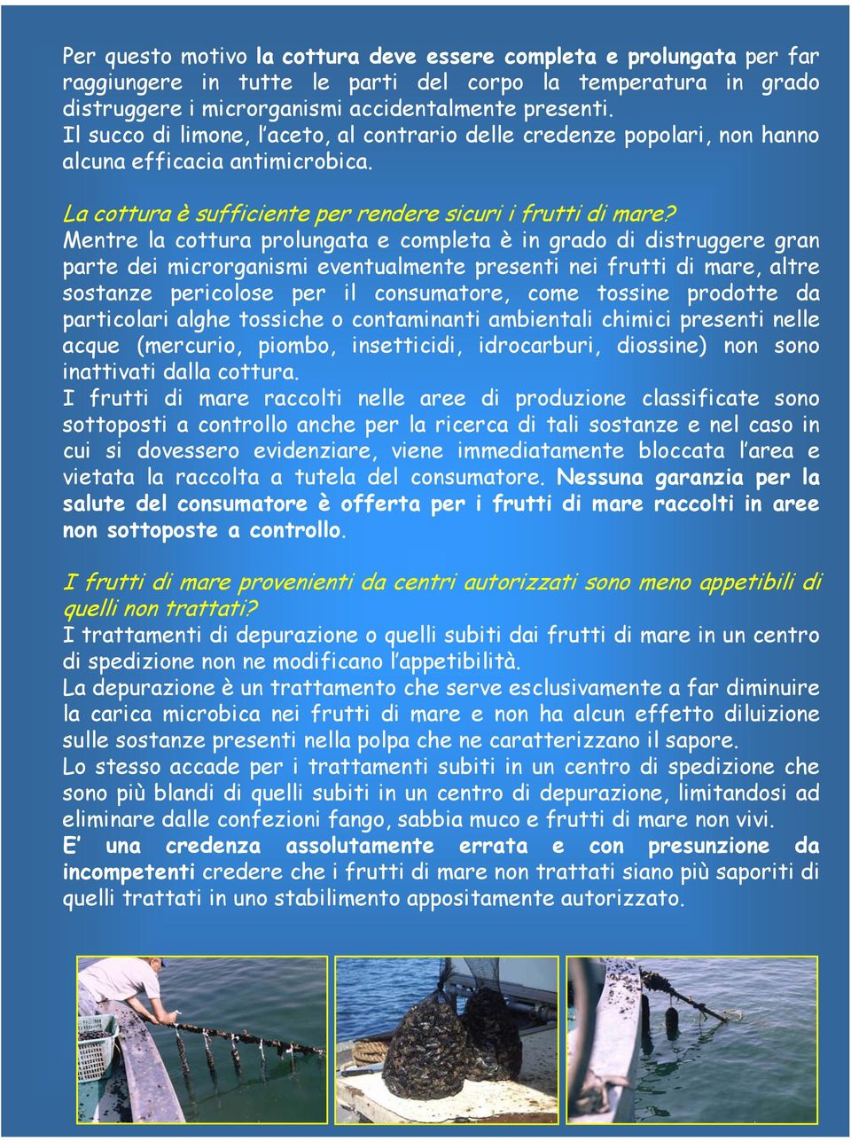 Mentre la cottura prolungata e completa è in grado di distruggere gran parte dei microrganismi eventualmente presenti nei frutti di mare, altre sostanze pericolose per il consumatore, come tossine