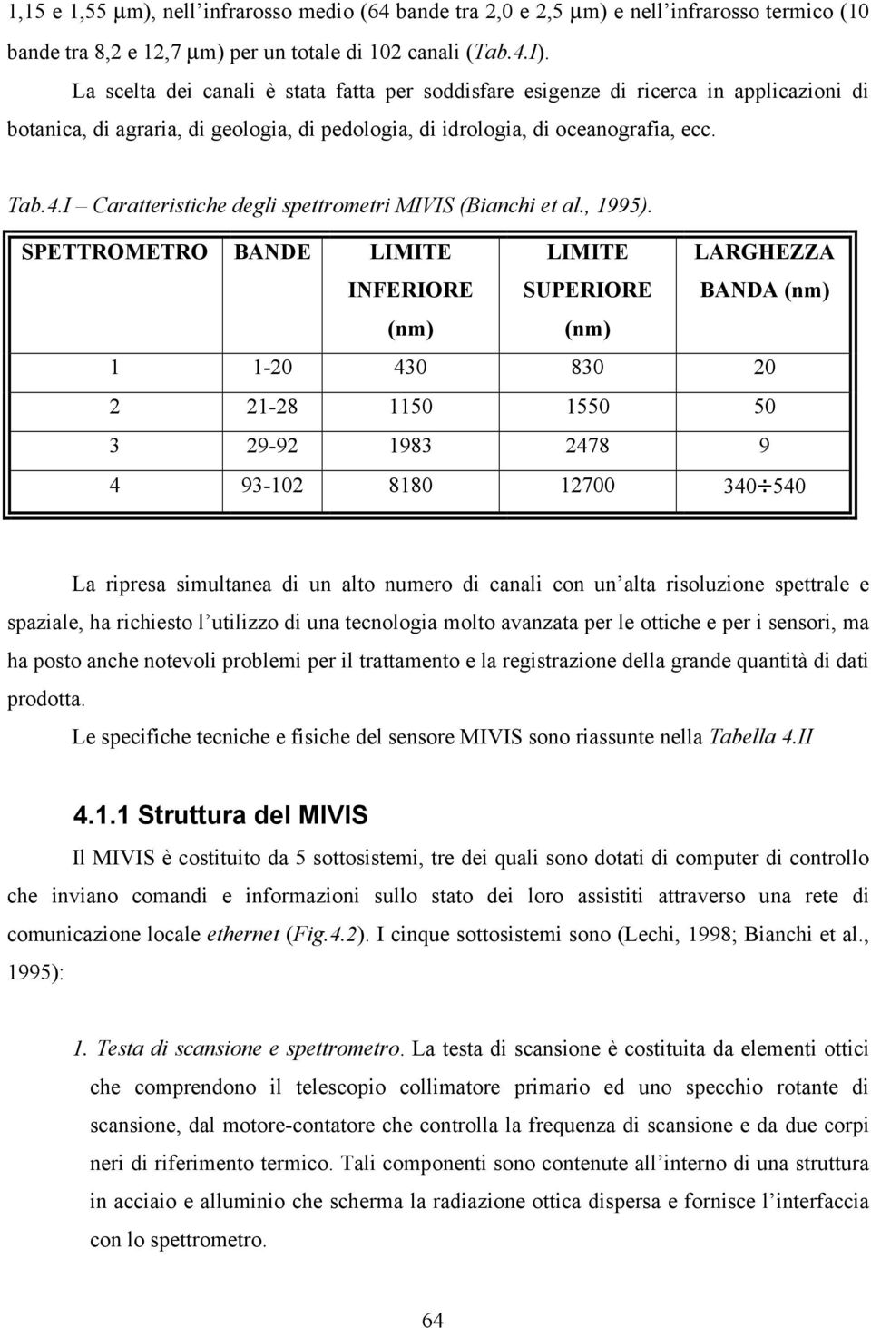 I Caratteristiche degli spettrometri MIVIS (Bianchi et al., 1995).