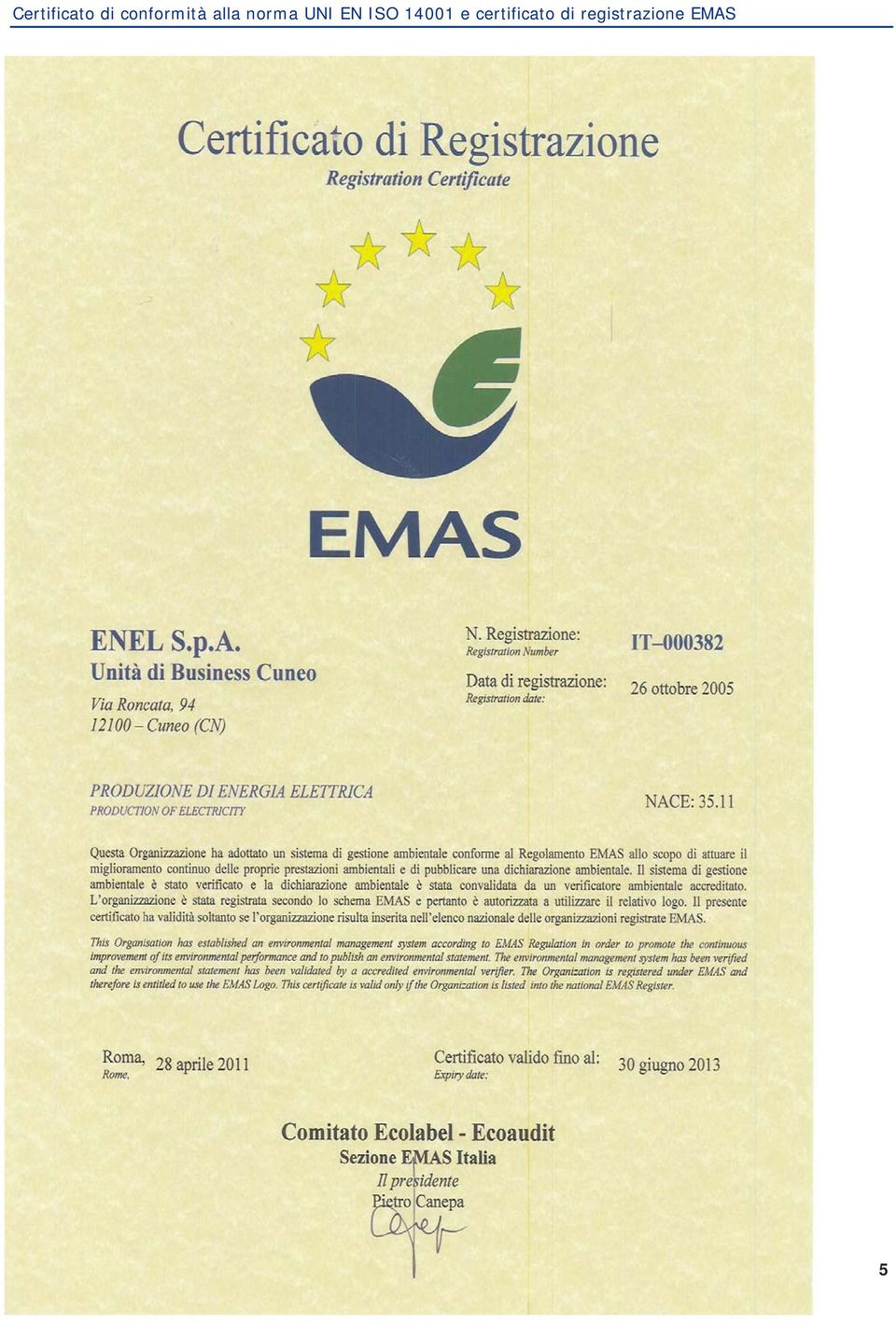 registrazione EMAS Enel Dichiarazione