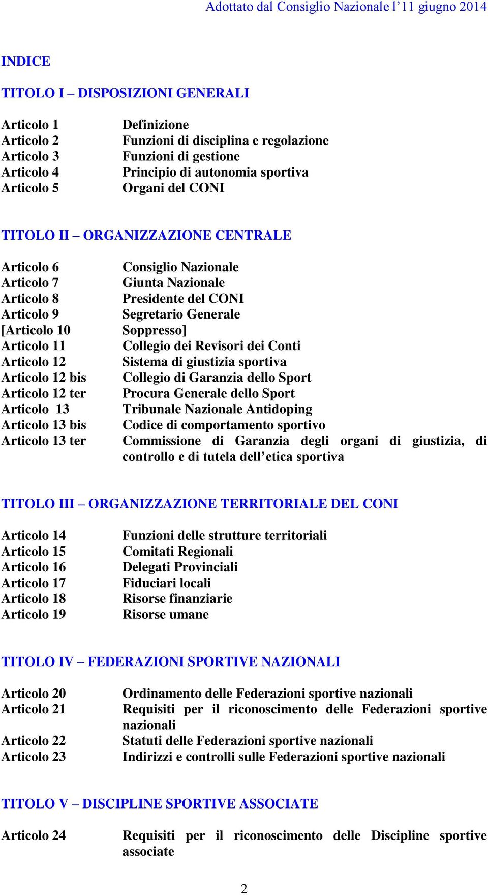 13 ter Consiglio Nazionale Giunta Nazionale Presidente del CONI Segretario Generale Soppresso] Collegio dei Revisori dei Conti Sistema di giustizia sportiva Collegio di Garanzia dello Sport Procura