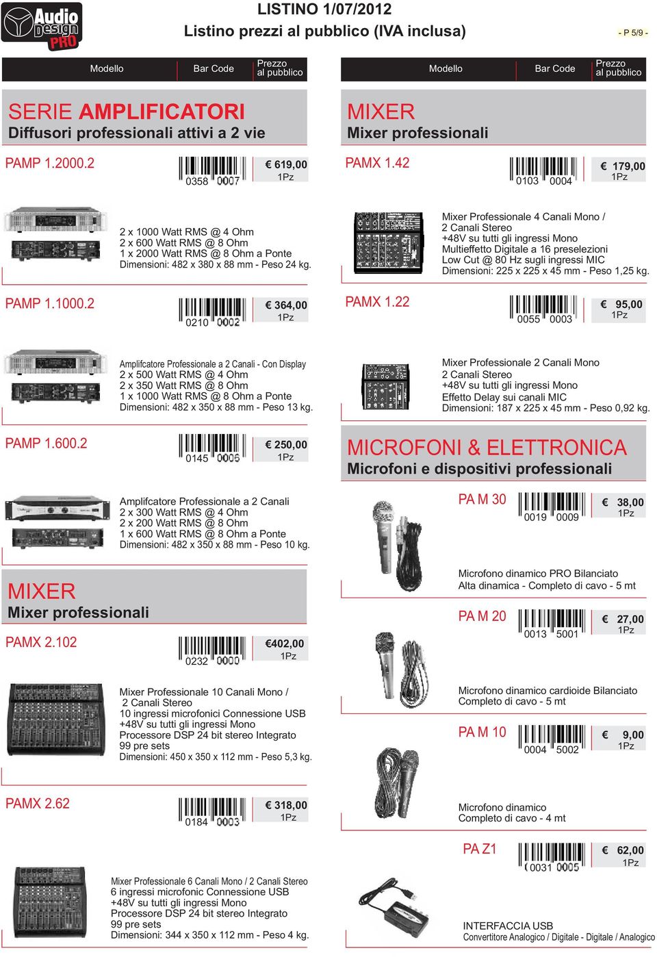 Mixer Professionale 4 Canali Mono / 2 Canali Stereo +48V su tutti gli ingressi Mono Multieffetto Digitale a 16 preselezioni Low Cut @ 80 Hz sugli ingressi MIC Dimensioni: 225 x 225 x 45 mm - Peso