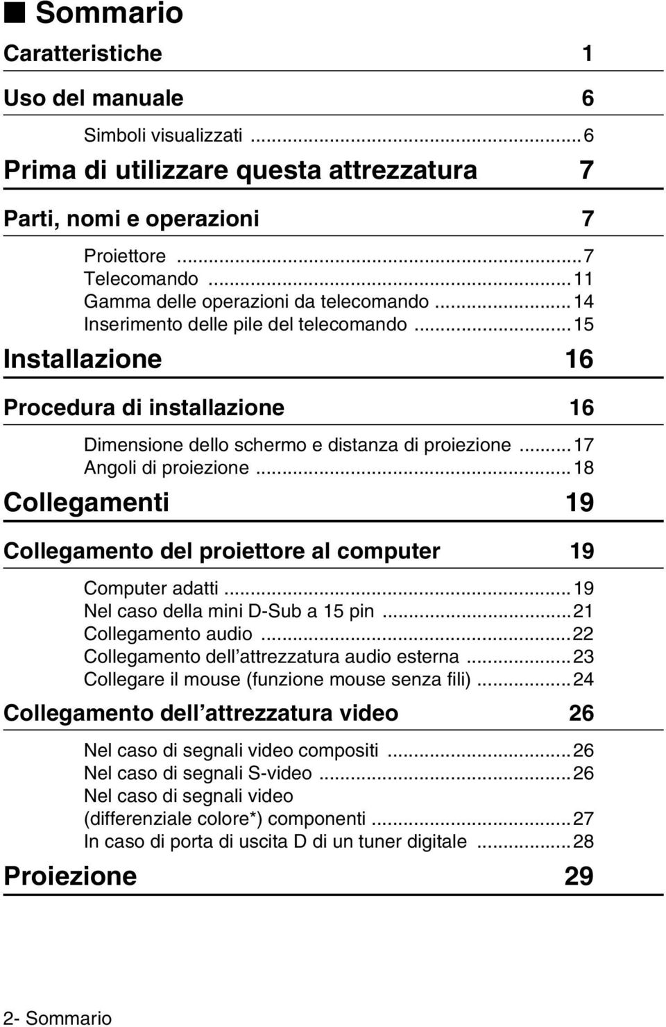 ..17 Angoli di proiezione...18 Collegamenti 19 Collegamento del proiettore al computer 19 Computer adatti...19 Nel caso della mini D-Sub a 15 pin...21 Collegamento audio.