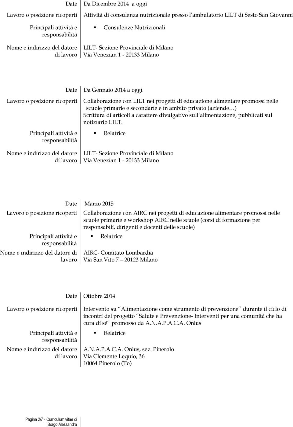 Marzo 2015 Collaborazione con AIRC nei progetti di educazione alimentare promossi nelle scuole primarie e workshop AIRC nelle scuole (corsi di per responsabili, dirigenti e docenti delle scuole)