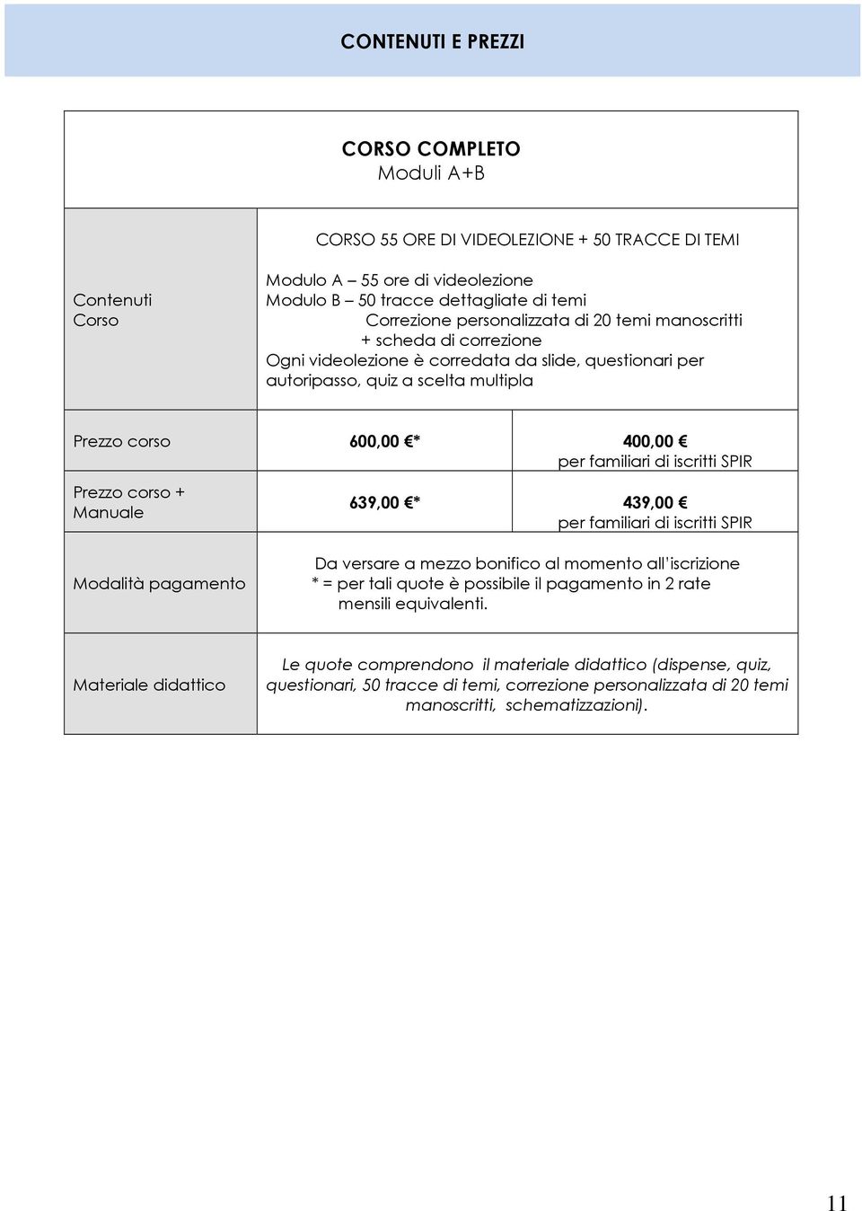 iscritti SPIR Prezzo corso + Manuale Modalità pagamento 639,00 * 439,00 per familiari di iscritti SPIR Da versare a mezzo bonifico al momento all iscrizione * = per tali quote è possibile il