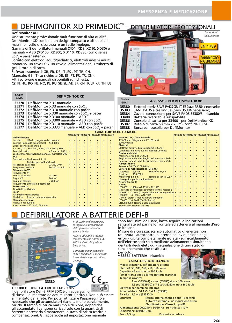 Gamma di 8 defibrillatori manuali (XD, XD, XD0, XD0) o manuali + AED (XD00, XD00, XD0, XD0) con o senza SpO e pacer esterno.