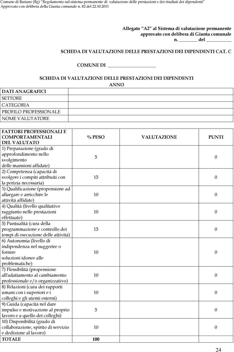 VALUTAZIONE PUNTI DEL VALUTATO 1) Preparazione (grado di approfondimento nello svolgimento delle mansioni affidate) 2) Competenza (capacità di svolgere i compiti attribuiti con 1 la perizia