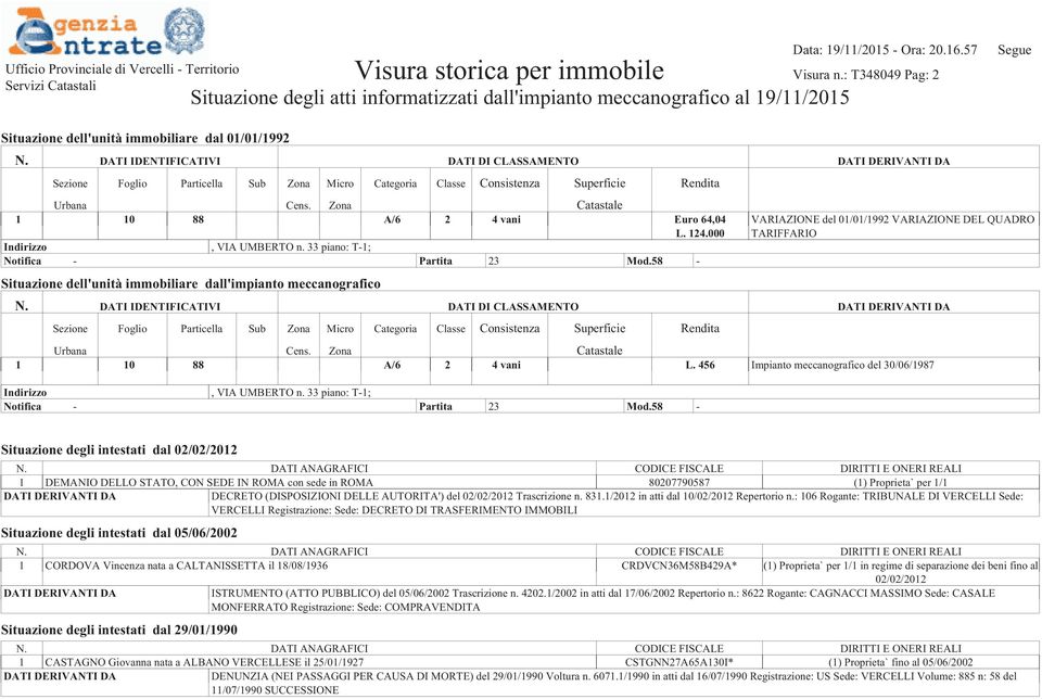 456 Impianto meccanografico del 30/06/1987, VIA UMBERTO n. 33 piano: T-1; Notifica - Partita 23 Mod.