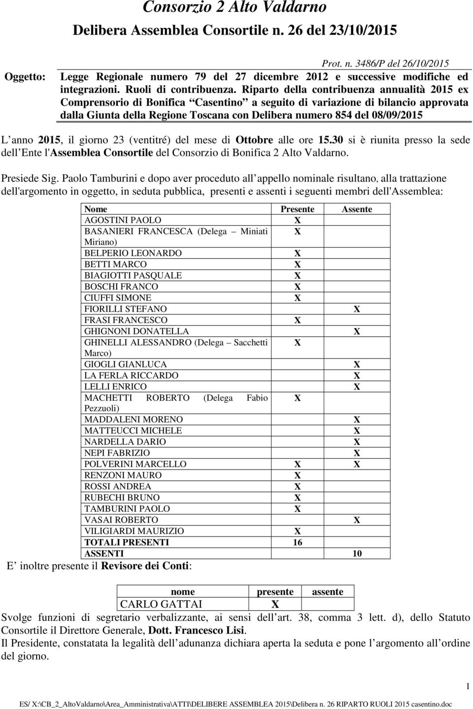 Presente Assente AGOSTINI PAOLO BASANIERI FRANCESCA (Delega Miniati Miriano) BELPERIO LEONARDO BETTI MARCO BIAGIOTTI PASQUALE BOSCHI FRANCO CIUFFI SIMONE FIORILLI STEFANO FRASI FRANCESCO GHIGNONI