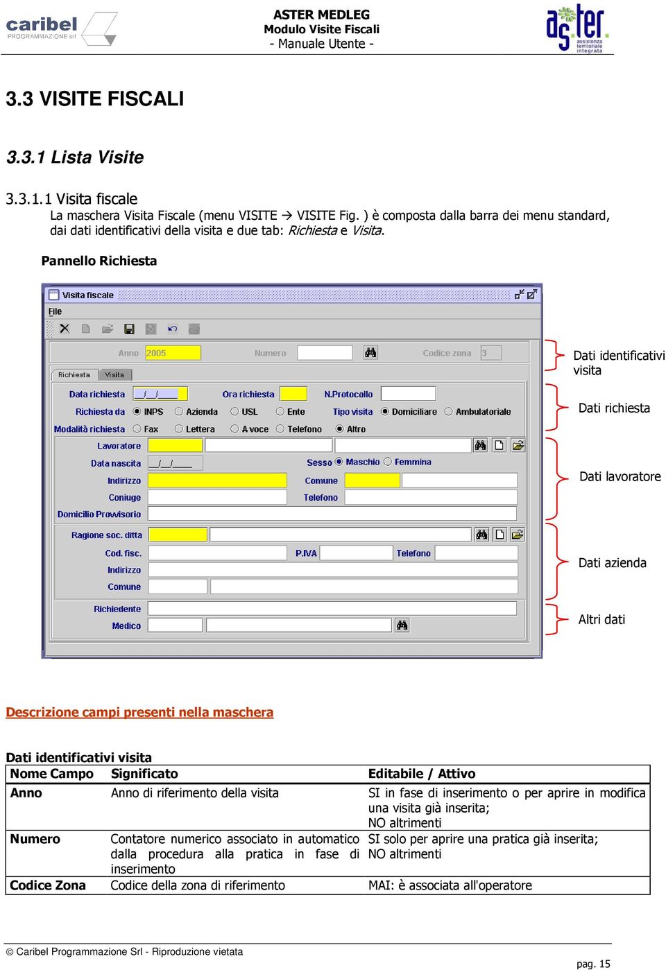 Pannello Richiesta Dati identificativi visita Dati richiesta Dati lavoratore Dati azienda Altri dati Dati identificativi visita Anno Anno di riferimento della visita SI in fase di