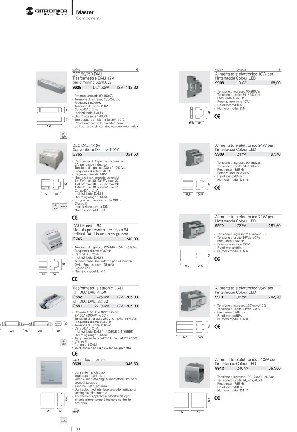 8V - Carico DALI 2ma - Indirizzi logici DALI 1 - Dimming range 1-100% - Temperatura ambiente Ta -25/+50 C - Protezione contro le sovratemperature ed i sovraccarichi con riattivazione automatica 17,5