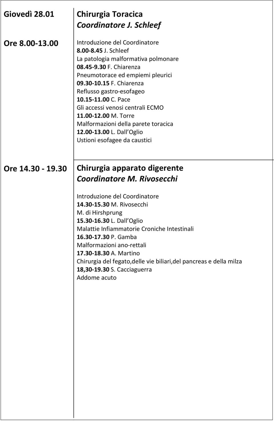 Dall Oglio Ustioni esofagee da caustici Ore 14.30-19.30 Chirurgia apparato digerente Coordinatore M. Rivosecchi 14.30-15.30 M. Rivosecchi M. di Hirshprung 15.30-16.30 L.